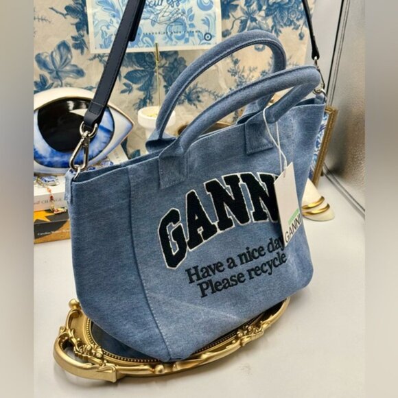 🆕 GANNI 🧿 NWT Washed Blue Embroidered Logo Small Shopper - Picture 4 of 11